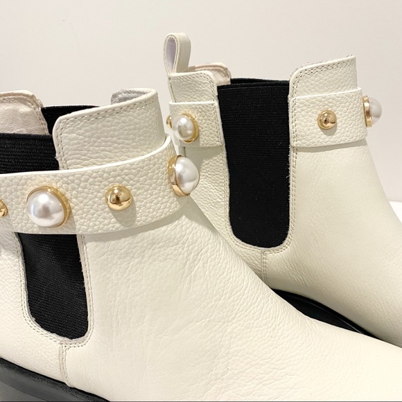 KARL LAGERFELD Pola Leather Off White Pearl Stud Ankle Strap Chelsea Booties NWT - Picture 4 of 16